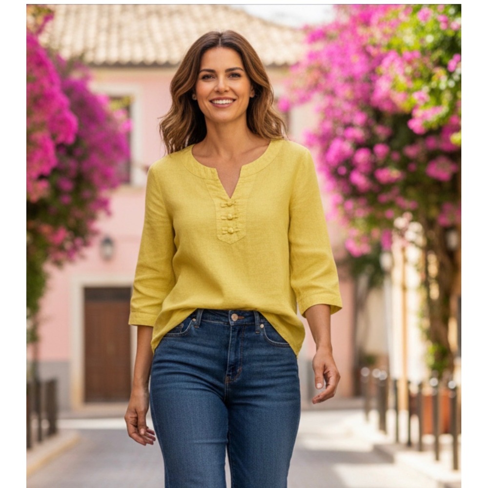 Choices Yellow Linen 3/4 Sleeve‎ Henley Tunic Top Feminine Chic Classic Size M